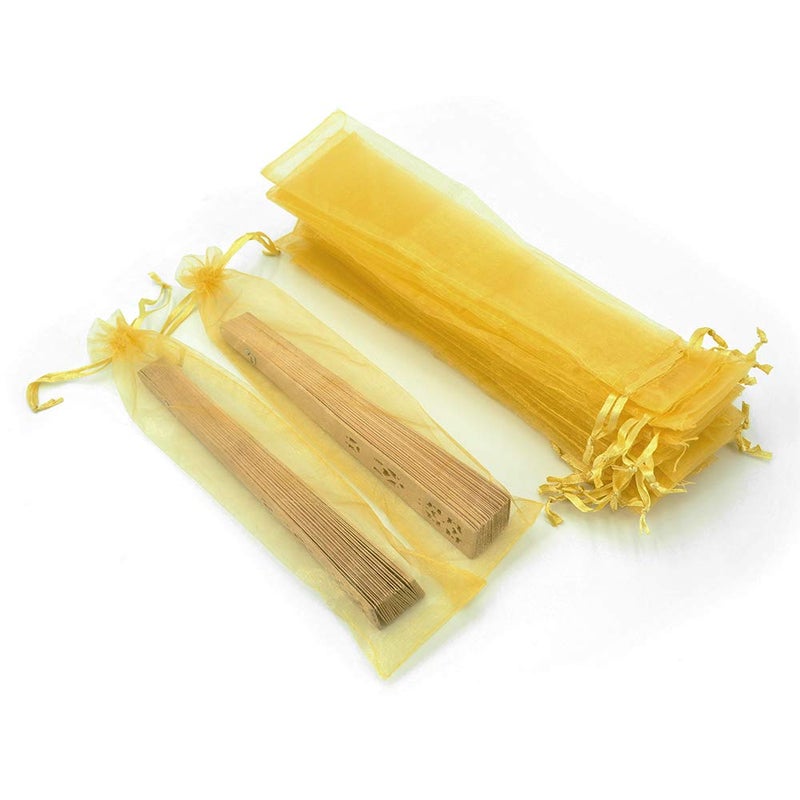 Bezall 50Pcs Golden Organza Hand Fan Bags, 2x10 Inches Folding Fan Drawstring Organza Gift Bag Hand Fan Pouch Party Wedding Favor Bags - Image 2